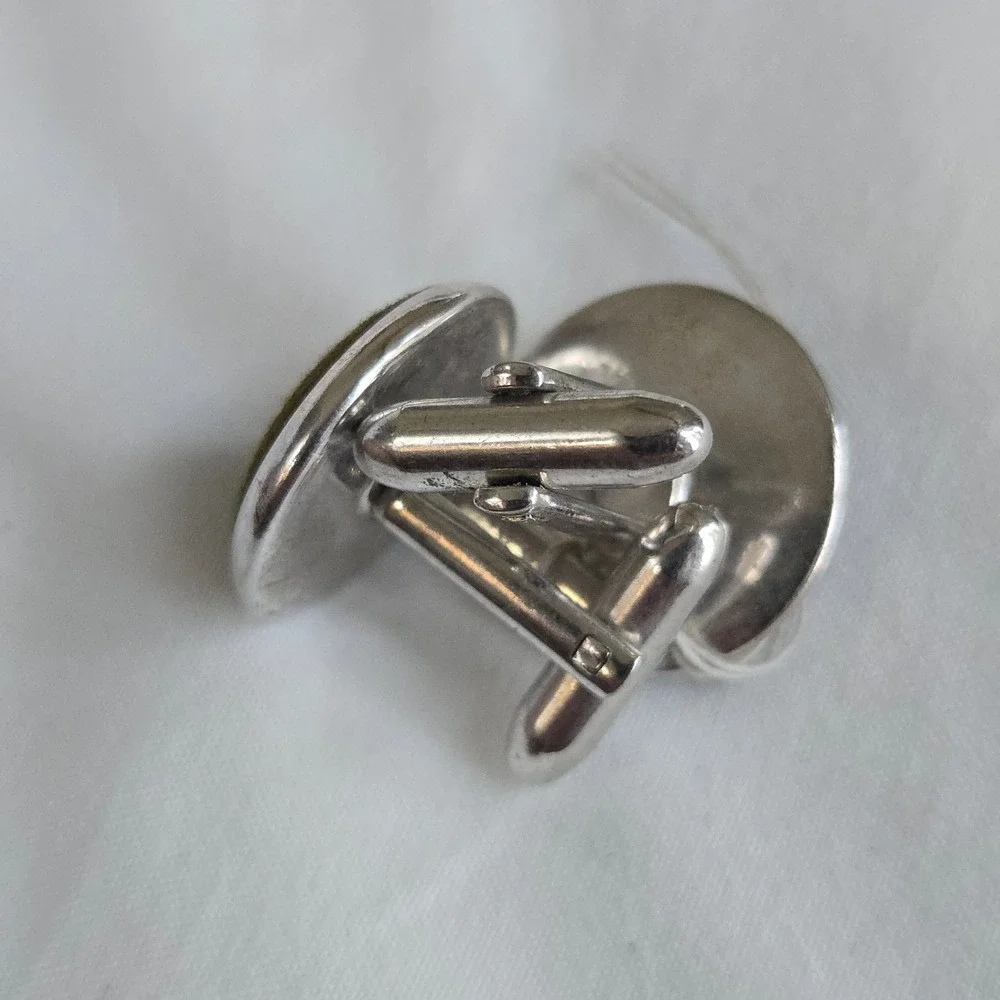 VTG Fabric Inlay Brown‎ Cufflinks OS Mens Round Formal Dapper Retro Mid Century
